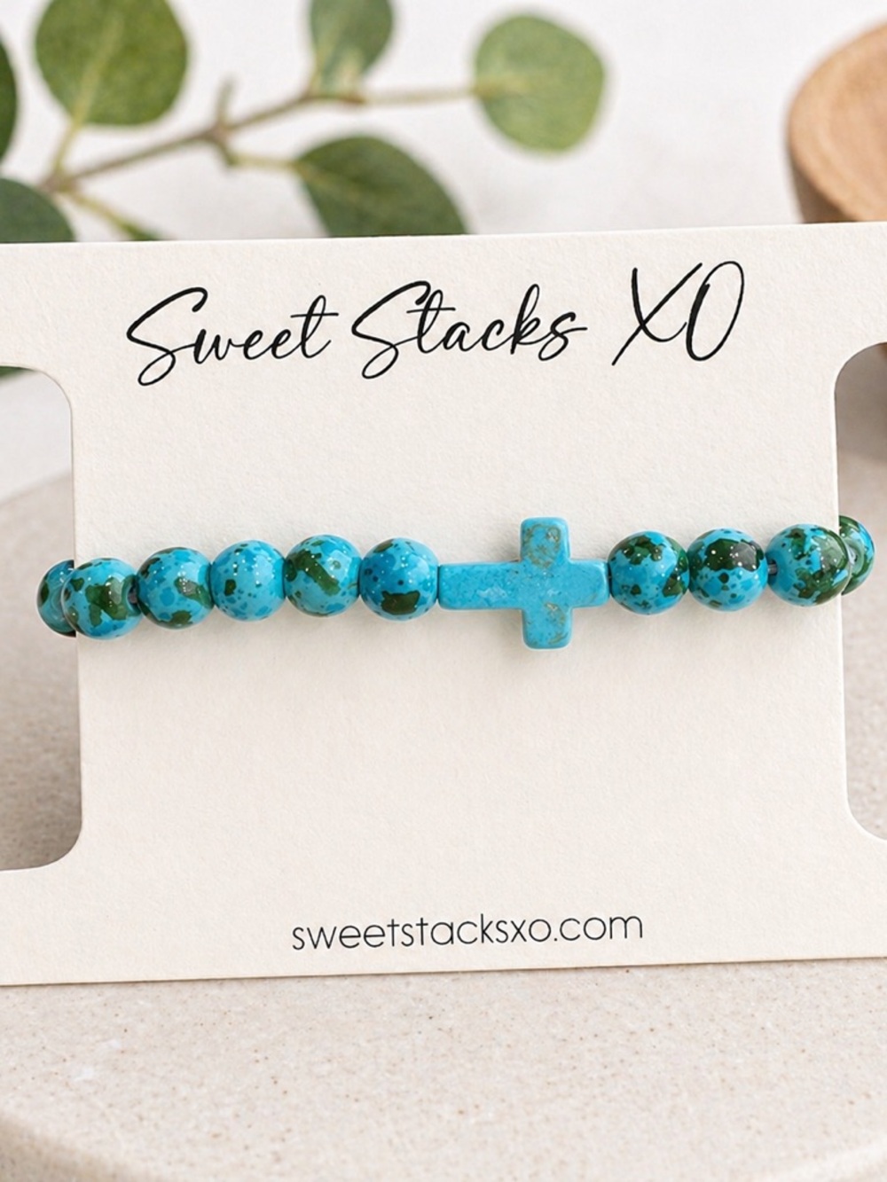 Marbled Turquoise Beaded Cross Bracelet